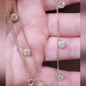 14k Solid Gold Diamond Station  Necklace, 18" - 22" Adjustable.